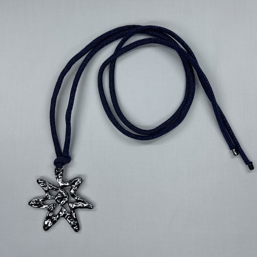 Handmade Denim‎ Cord Starburst Pendant Necklace Dark Wash Blue Bolo Style